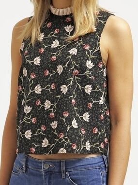 Topshop Black Floral Mock Neck Sleeveless Crop Top